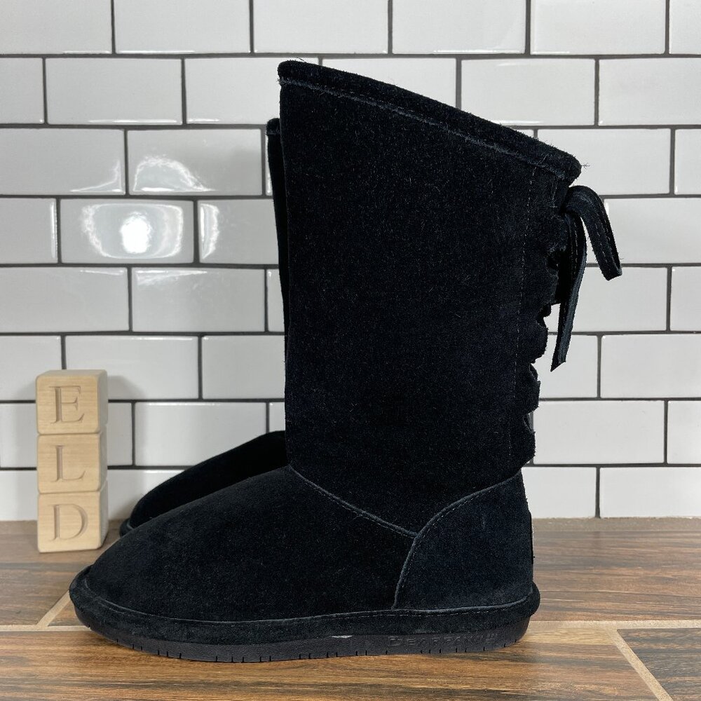 BearPaw Phylly Youth Girls Sz 3 Shoes Black Suede Ghillie Lace Wool Lined Boots